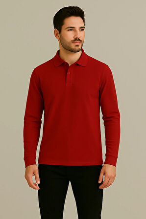Regular Fit %100 Pamuk Polo Yaka Uzun Kollu Basic T-Shirt