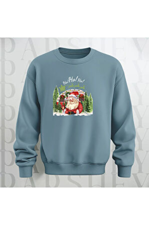 Noel Baba Ho Ho Ho! Baskılı Bisiklet Yaka Unisex Kalın Kumaş Oversize Sweatshirt 3 İplik Şardonlu