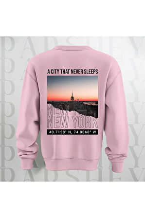 New York Şehir Temalı Sırt Baskılı Oversize Bisiklet Yaka Sweatshirt 3 İplik Şardonlu