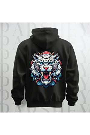 Tiger Büyük Sırt Baskılı Kapüşonlu Unisex Sweatshirt Hoodie Kalın Kumaş 3 İplik Şardonlu