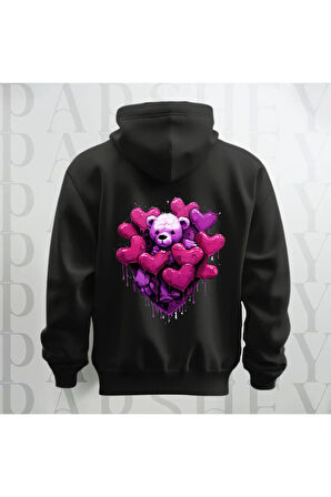 Love Teddy Deseni Baskılı Kapüşonlu Sweatshirt Hoodie Yünlü Kalın Kumaş 3 İplik Şardonlu