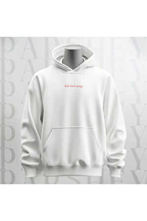 Unisex Rich Bitch Energy Yazı Göğüs Baskılı Kapüşonlu Sweatshirt Hoodie Kalın Kumaş 3 İplik Şardonlu