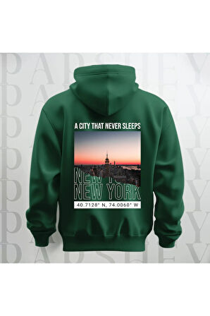 Uyumayan Şehir New York Baskılı Kapüşonlu Oversize Sweatshirt Hoodie Kalın Kumaş 3 İplik Şardonlu