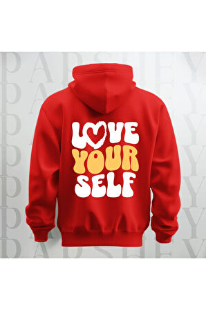 Love Your Self Sırt Baskılı Kapüşonlu Oversize Sweatshirt Hoodie Kalın Kumaş 3 İplik Şardonlu
