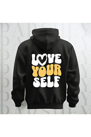 Love Your Self Sırt Baskılı Kapüşonlu Oversize Sweatshirt Hoodie Kalın Kumaş 3 İplik Şardonlu