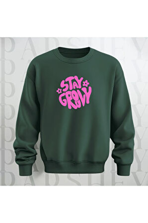 Stay Groovy Göğüs Baskılı Kalın Kumaş 3 İplik Şardonlu Oversize Unisex Bisiklet Yaka Sweatshirt