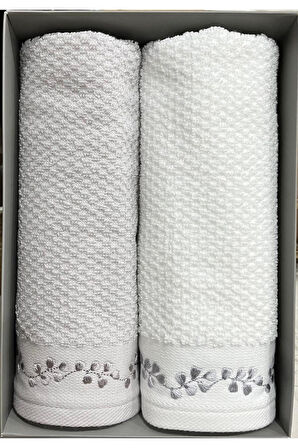 Özdilek Filgo Çiçekli 2'li Kutulu Havlu Gri-Beyaz