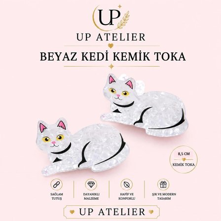 Sedefli Beyaz Kedi Kemik Toka 8,5cm
