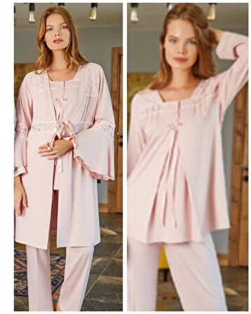 BONE CLUB 5103 PUDRA HAMİLE LOHUSA 3 LÜ PİJAMA SABAHLIK TK