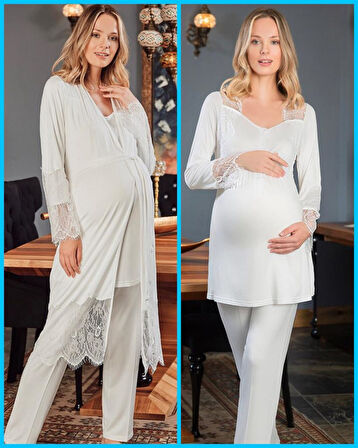 Bone Club 5109  Dantelli Hamile Lohusa3 Lü Pijama Sabahlık Tk