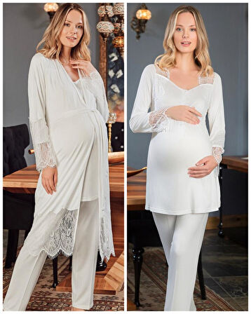 Bone Club 5109  Dantelli Hamile Lohusa3 Lü Pijama Sabahlık Tk