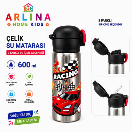 304 Paslanmaz Çelik Termos Çift İçim Modlu Kilit Kapaklı Çocuk Matarası 600 ML Siyah 