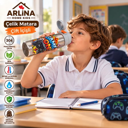304 Paslanmaz Çelik Termos Çift İçim Modlu Kilit Kapaklı Çocuk Matarası 600 ML 