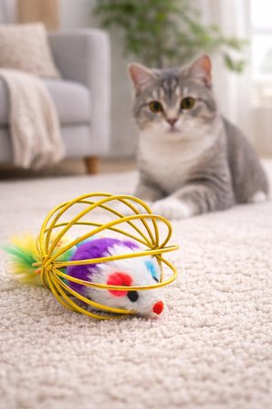 Kedi Oyuncağı Kafesli Peluş Fare Zilli Tüylü Top Oyuncak Kediler İçin Eğlenceli Av Oyuncağı