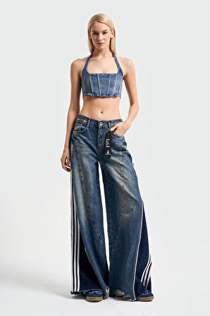 Kadın Kot Rengi Denim Parçalı Palazzo Fit Tasarım Denim