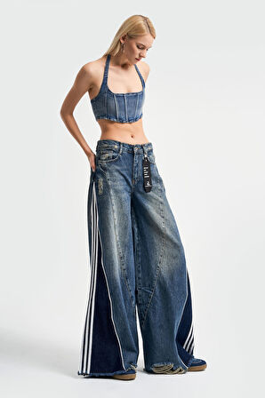 Kadın Kot Rengi Denim Parçalı Palazzo Fit Tasarım Denim