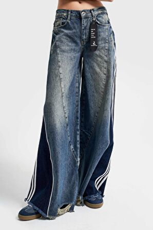Kadın Kot Rengi Denim Parçalı Palazzo Fit Tasarım Denim