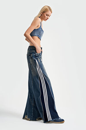 Kadın Kot Rengi Denim Parçalı Palazzo Fit Tasarım Denim