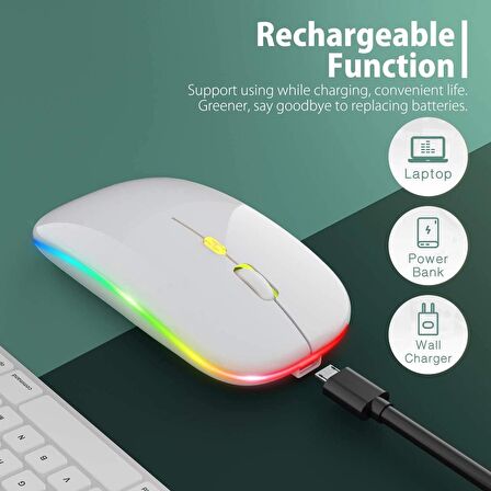 Beyaz RGB Şarjlı Kablosuz 1600DPI Işıklı Kablosuz Mouse Bwm6