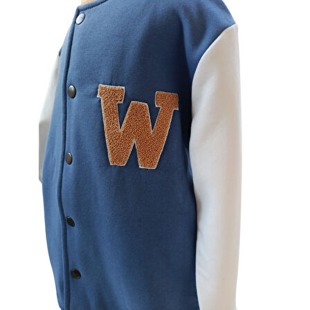 Erkek Çocuk Kolej Mont Mavi - Krem W Nakışlı Şardonlu Tam Kalıp