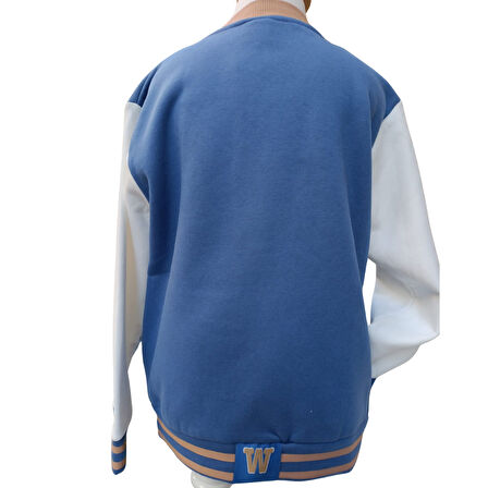 Erkek Çocuk Kolej Mont Mavi - Krem W Nakışlı Şardonlu Tam Kalıp