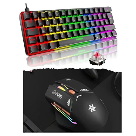 T60 Siyah Red Switch Klavye+Siyah Rgb Şarjlı Kablosuz Mouse