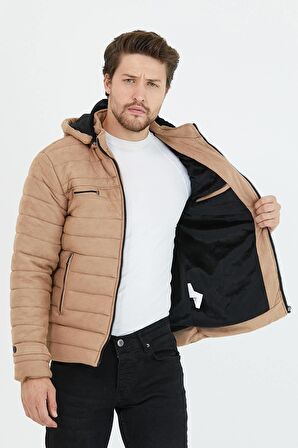 Mero Life Erkek Vizon Dar Kesim Kapüşonlu Süet Mont