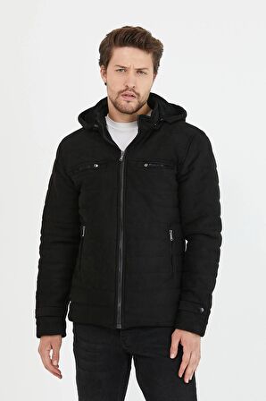 Mero Life Erkek Siyah Dar Kesim Kapüşonlu Süet Mont