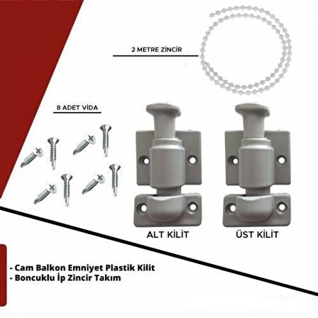 KALİTE - CAM BALKON EMNİYET PLASTİK KİLİT - BONCUKLU İP ZİNCİR TAKIM SETİ