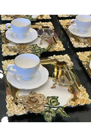 Komple Gold Detaylı 18/10 Çelik Kahve Sunum Tepsisi 3 Adet