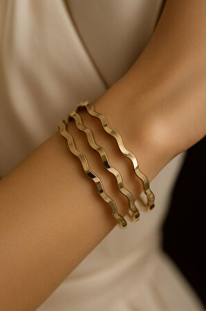 Zikzak Formlu Altın Sarısı Üçlü Bilezik Seti