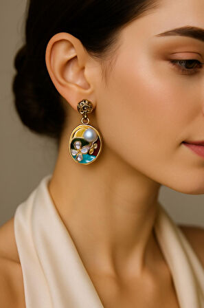 Çiçek Motifli İncili Küpe