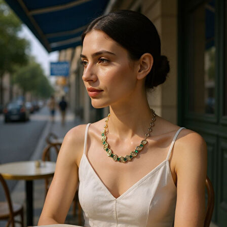 Yeşil Taşlı Kare ve Damla Figürlü Kolye