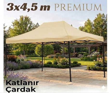 Missidea Premium 3x4,5m Katlanır Bahçe Tentesi Krem Çelik İskelet Suya Dayanıklı Polyester