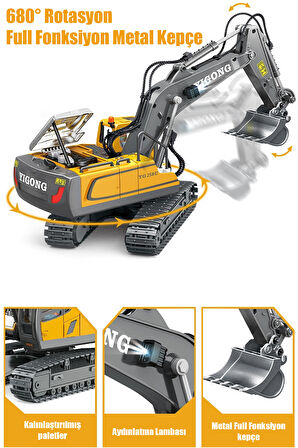 Işıklı Sesli Full Fonksiyon Metal Hareketli Kepçe 2.4ghz Uzaktan Kumandalı 680° Rotasyon Excavator
