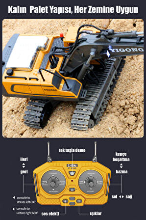 Işıklı Sesli Full Fonksiyon Metal Hareketli Kepçe 2.4ghz Uzaktan Kumandalı 680° Rotasyon Excavator