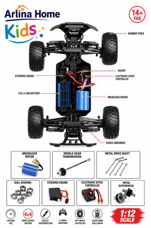 Arlina Home Kids Off-Road Uzaktan Kumandalı Araba 1:12 Ölçek 4x4 Mavi