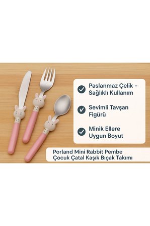 Porland Mini Rabbit Pembe Çocuk Çatal Bıçak Takımı