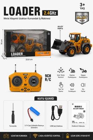 Işıklı Sesli Full Fonksiyon Metal Hareketli Kepçe 2.4ghz Uzaktan Kumandalı Loader 9 Kanal