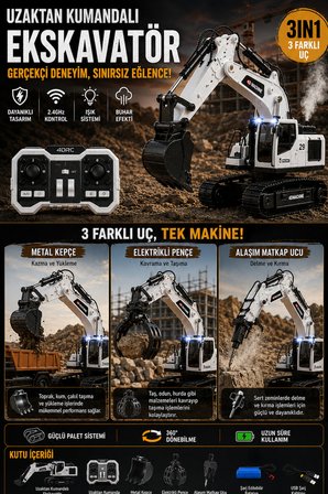3in1 Excavator Kırıcı Delici Taşıyıcı RC Uzaktan Kumandalı Işıklı Sesli Metal Alaşım Ekskavatör İş Makinesi