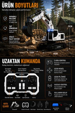 3in1 Excavator Kırıcı Delici Taşıyıcı RC Uzaktan Kumandalı Işıklı Sesli Metal Alaşım Ekskavatör İş Makinesi