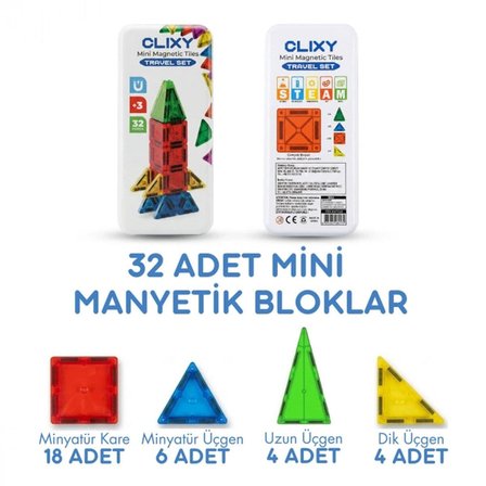 Mini Manyetik Bloklar 32 Parça Travel Set - Teneke Kutulu Şeffaf Tasarım