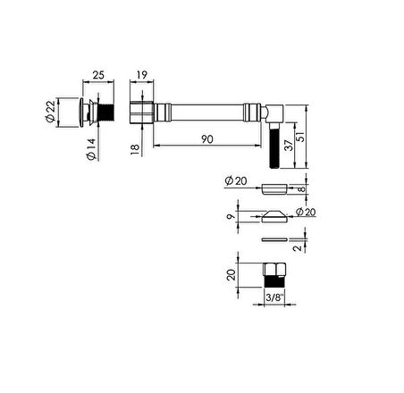 Yapıtaşı Yt324 Ø22 Küresel Uçlu L tipi Esnek Taharet çubuğu Rekorlu 90mm