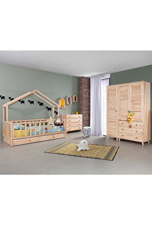 Doğal Ladin Çocuk Odası - Adal Montessori Çocuk Odası Takımı, Dolap, Yavrulu Karyola, Şifonyer