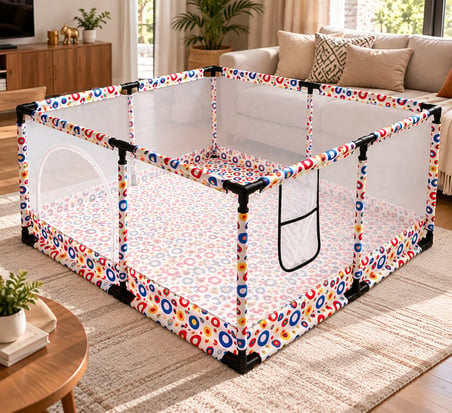 Missidea Çok Renkli Bebek ve Çocuk Oyun Parkı 120x120 cm – Oyun Matı ve 56 Parça Yapboz Blok Hediyeli