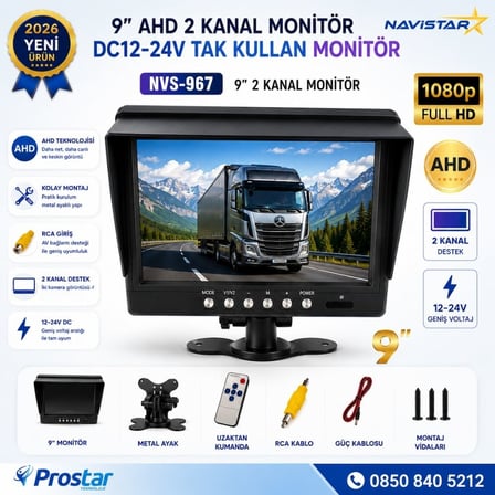 9 inç Şapkalı 2 kanal AHD RCA Sarı Soketli Araç Monitörü 1080P 720P Analog Destekli DC 12-24V