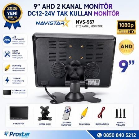 9 inç Şapkalı 2 kanal AHD RCA Sarı Soketli Araç Monitörü 1080P 720P Analog Destekli DC 12-24V