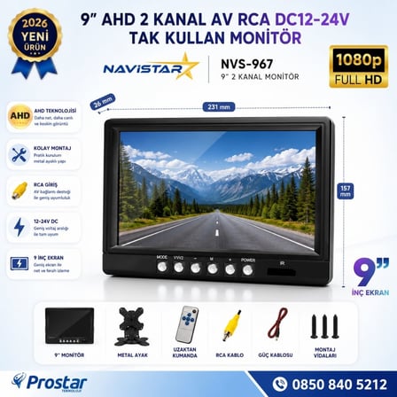 9 inç Şapkalı 2 kanal AHD RCA Sarı Soketli Araç Monitörü 1080P 720P Analog Destekli DC 12-24V
