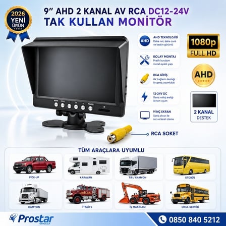9 inç Şapkalı 2 kanal AHD RCA Sarı Soketli Araç Monitörü 1080P 720P Analog Destekli DC 12-24V