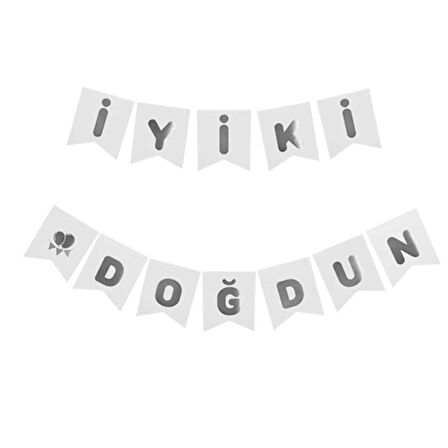 İyi ki Doğdun Banner Beyaz renk üstüne Gümüş Varaklı yazı, Karton Doğum Günü Yazısı Flama